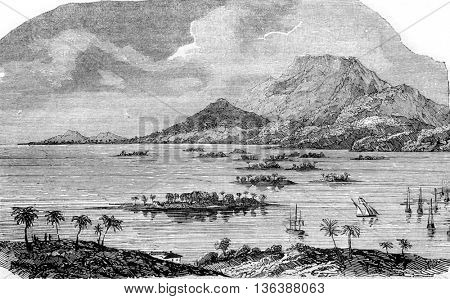 The Guadeloupe, Pointe a Pitre, capital of Grande-Terre, partially destroyed by the earthquake of February 8, 1843., vintage engraved illustration. Magasin Pittoresque 1843.