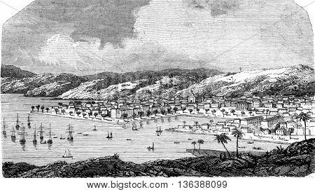 The Guadeloupe, Pointe a Pitre, capital of Grande-Terre, partially destroyed by the earthquake of February 8, 1843., vintage engraved illustration. Magasin Pittoresque 1843.