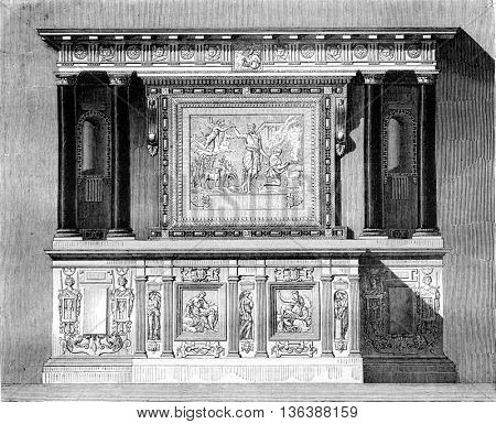 Altar of the chapel Ecouen up today in the Chantilly castle chapel, vintage engraved illustration. Magasin Pittoresque 1843.