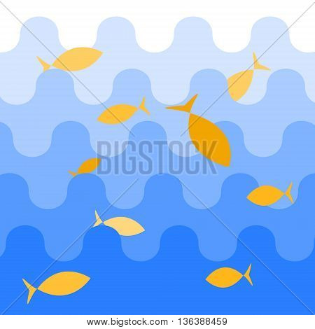 Blue sea with waves. Yellow fish are swimming in the sea. Cartoon style vector illustration.