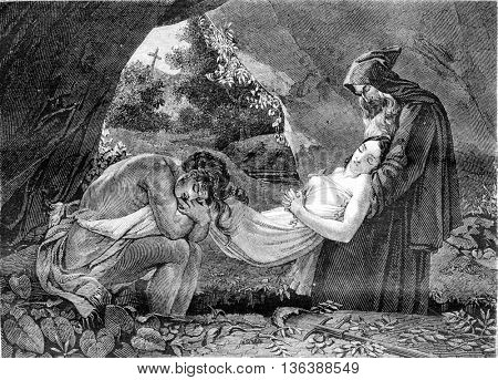 Funeral of Atala, vintage engraved illustration. Magasin Pittoresque 1843.