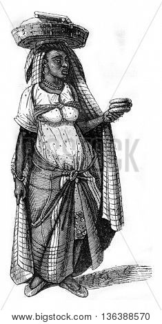 Negress market bread, vintage engraved illustration. Magasin Pittoresque 1843.