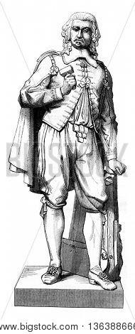 Statue of Jacques Sarrazin, inaugurated September 14, 1851, has Noyon, vintage engraved illustration. Magasin Pittoresque 1852.