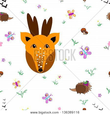 Deer with animals seamless pattern. Forest background for kids. Print for children