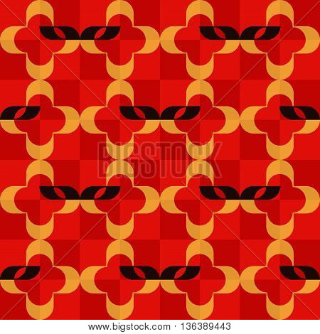 Pattern of stylized domino masks and golden quatrefoils on checkered red background. Seamless repeat.