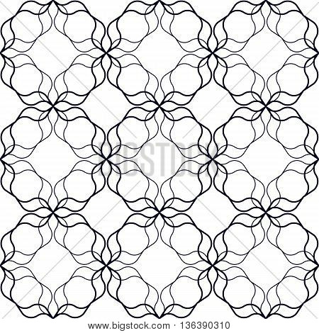 Abstract geometric pattern of concentric linear shapes. Golden lines on black background. Seamless repeat print.