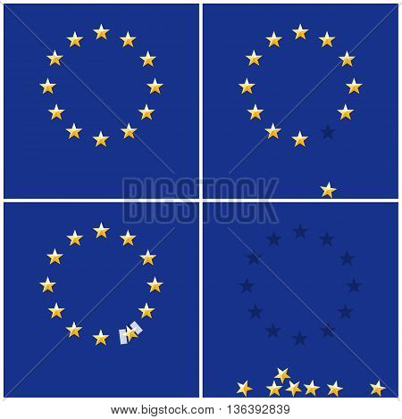 European Union ring stars on blue flag background, flat vector illustration. Symbol of membership in the union. Brexit vector sign. Falling star exit from EU.
