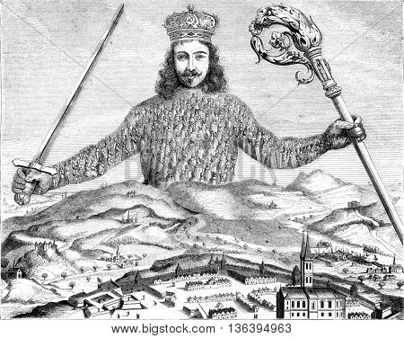 Print the seventeenth century, Leviathan Hobbes, vintage engraved illustration. Magasin Pittoresque 1852.