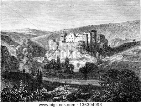 View of the ruins of the Rock on the Ourthe, vintage engraved illustration. Magasin Pittoresque 1852.