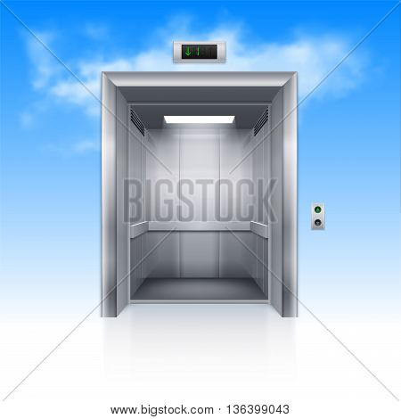 Realistic Empty Modern Elevator with Open Door in Sky