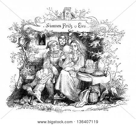 Simmen Fritz & Eva, vintage engraved illustration. Magasin Pittoresque 1852.
