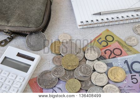 Australian Money Aud Image Photo Free Trial Stock Australian Money Aud With Calculator Notebook And Small Pouchselective Focus On 1 Dollar Coin