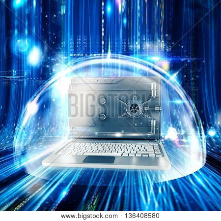 Computer with screen as a safe inside a bubble 3d rendering