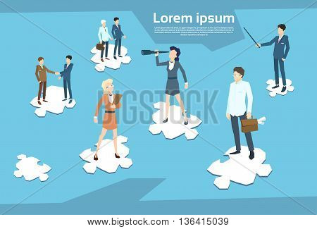 Business People Group Standing on Puzzle Piece Businesspeople Team Teamwork Concept Flat Vector Illustration