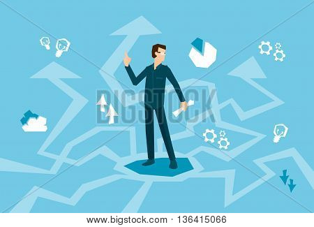 Business Man Think Strategy Arrow Background Flat Vector Illustration