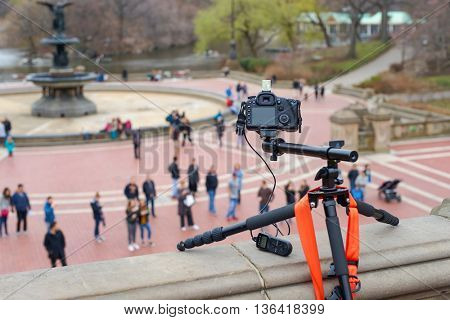 NEW YORK - CIRCA MARCH 2016: digital camera for taking timelapse in Central Park. Central Park is an urban park in middle-upper Manhattan, within New York City.