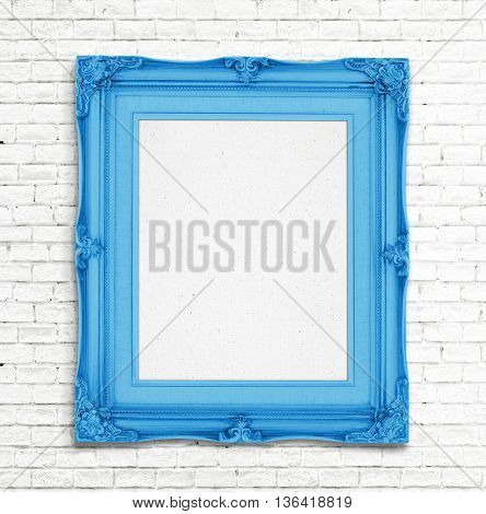 Blank Gold Vintage Photo Frame On White Brick Wall, Template For Adding Photo