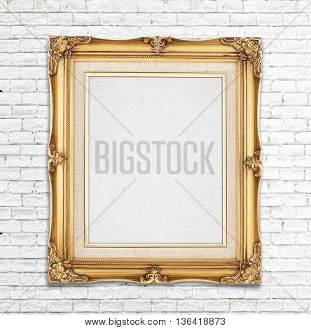 Blank Gold Vintage Photo Frame On White Brick Wall, Template For Adding Photo