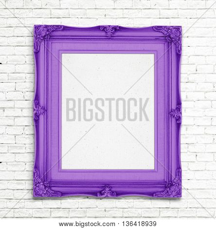 Blank Gold Vintage Photo Frame On White Brick Wall, Template For Adding Photo