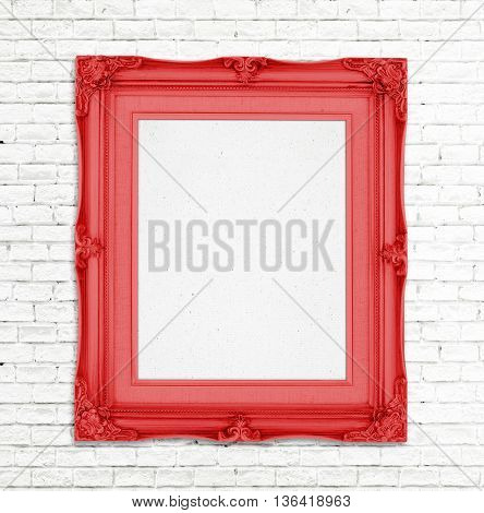Blank Gold Vintage Photo Frame On White Brick Wall, Template For Adding Photo