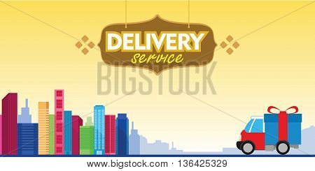 delivery service box car with city background vector illustration