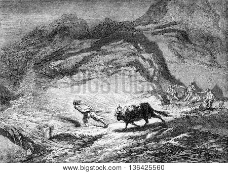 Painting Salon 1861, Sea Raiders, Guisseny Finistere, by Yan Dargent, vintage engraved illustration. Magasin Pittoresque 1861.