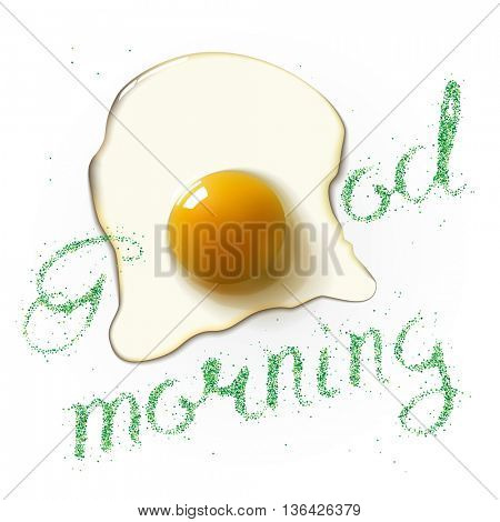 Fried egg with Good Morning green lettering. Breackfast healthy background. illustration