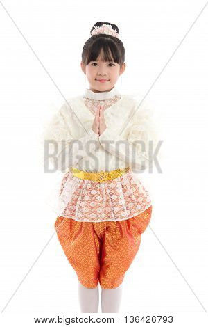 Beautiful Asian girl welcome expression Sawasdee isolate