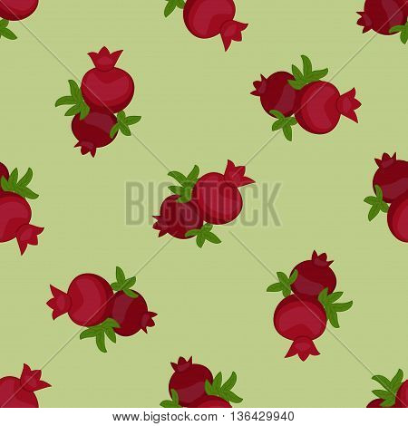 Pomegranate seamless pattern with red fruits and green leaves on light green background. Raster illustration