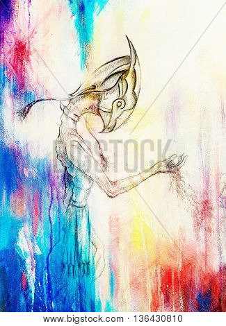Egyptian Horus hold sand, drawing on paper. transience and time concept