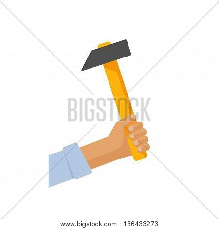 Repairman hand holding wood hammer vector illustration, concept of repairs, remodel, maintenance emblem, upkeep, remounting, remount service, jobbing flat cartoon design isolated on white background