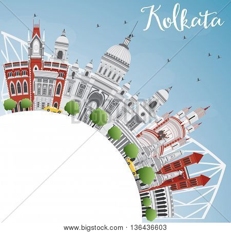 Kolkata Skyline with Gray Landmarks and Copy Space. Business Travel and Tourism Concept with Historic Buildings. Image for Presentation Banner Placard and Web Site.