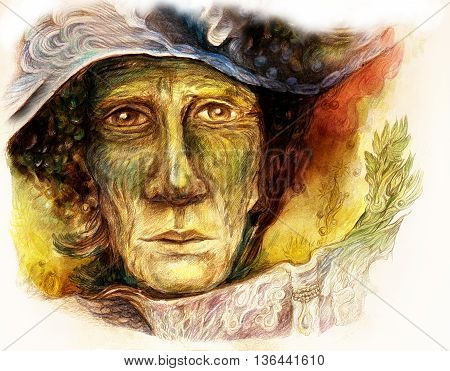 Old story teller telling a faiy tale from an enchanted book, colorful painting