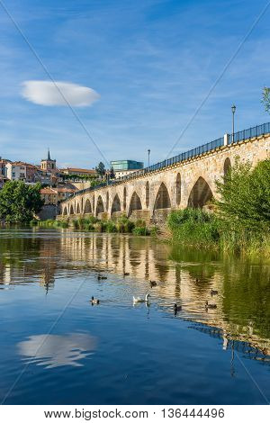 Stone Bridge Over Duero River. Zamora, Castilla Y Leon, Spain.