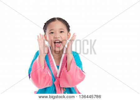 Asian girl in Korean Traditional Dress shouting loud on white background isolated