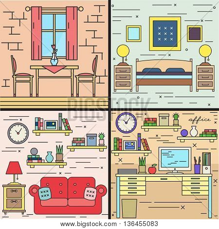 Thin line rooms interiors house vector set