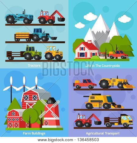 Farm orthogonal flat 2x2 icons set showing life in countryside and tractors agricultural transport and farm buildings isolated vector illustration