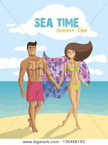 illustration of guy and the girl walking along the beach. summer vacation on the beach. the sea and the beach