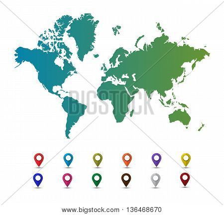 Vector world map with colorful pointer marks isolated on a white background. Map pin. Map pointer. Flat style vector illustration