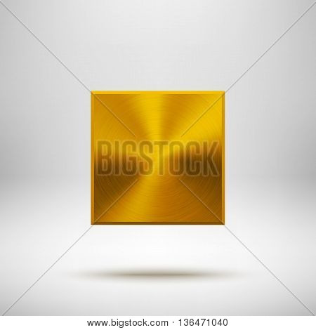 Gold abstract square badge, technology blank button template with metal texture, chrome, silver, steel and realistic shadow for logo, design concepts, apps, web and prints. Vector illustration.