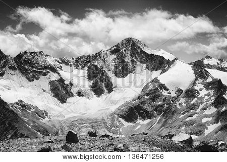 black and white Elbrus mountain with ice