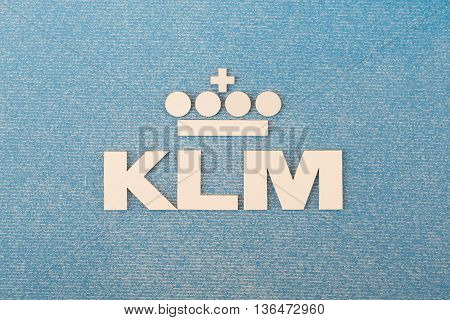 LELYSTAD THE NETHERLANDS - JUNE 9; Logo of the dutch KLM royal dutch airlines company founded in 1919.