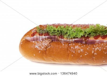 Fresh and tasty sandwich with ham and vegetables isolated on white