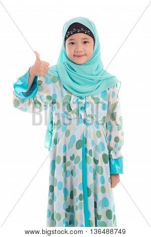 Portrait of asian muslim girl showing thumb on white background isolated on white background isolated