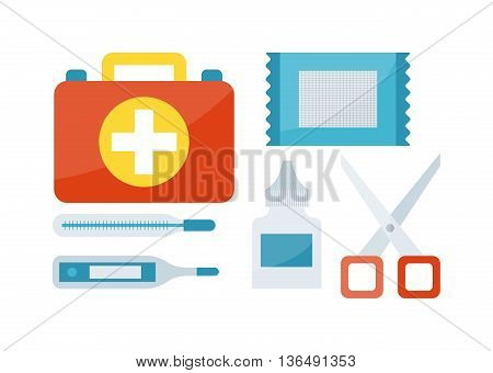 First aid kit isolated on white background and first aid symbols vector. First aid symbols medical symbol emergency sign and kit cross first aid symbols. Assistance equipment case safety sign.