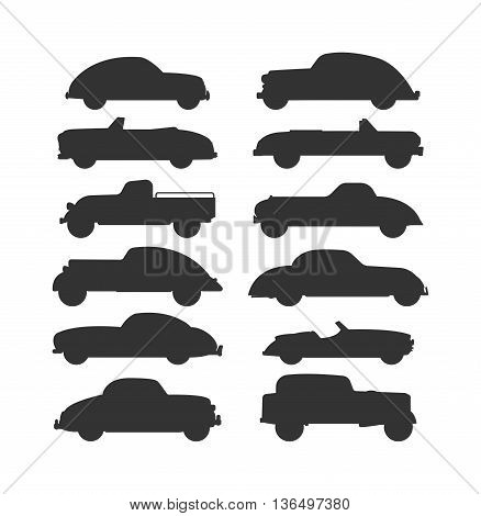 Retro cars icons vintage vector. Classic transportation auto vehicle retro car. Retro car nostalgia automobile old design. Graphic emblem race engine machine shop antique wheels set.