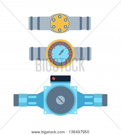 Pressure sensor differential tool vector icon or pressure sensor on factory pipeline. Circle pressure temperature sensor control for industrial. Gas or Oil industry. Water pressure