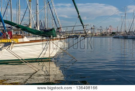 Prow of a sailing boat in the valencia harbor