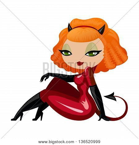 Cute girl in devil costume. Young woman demon isolated on white background. Vector illustration.