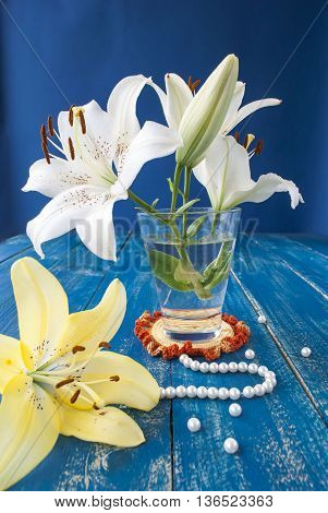 beautiful lily flower on a blue background with white beads